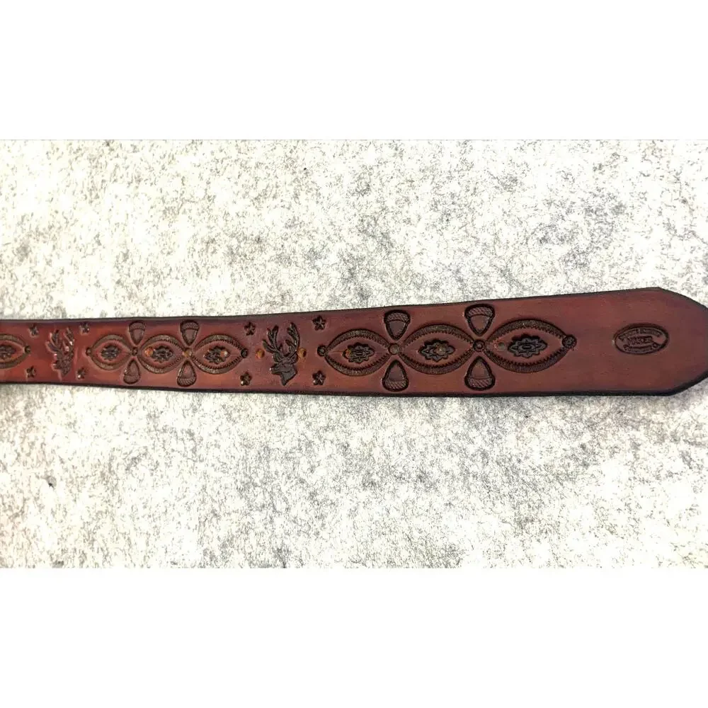River Ridge Leather Belt, Maker Dennis Knight Tooled Brown Woodland Belt Sz 38